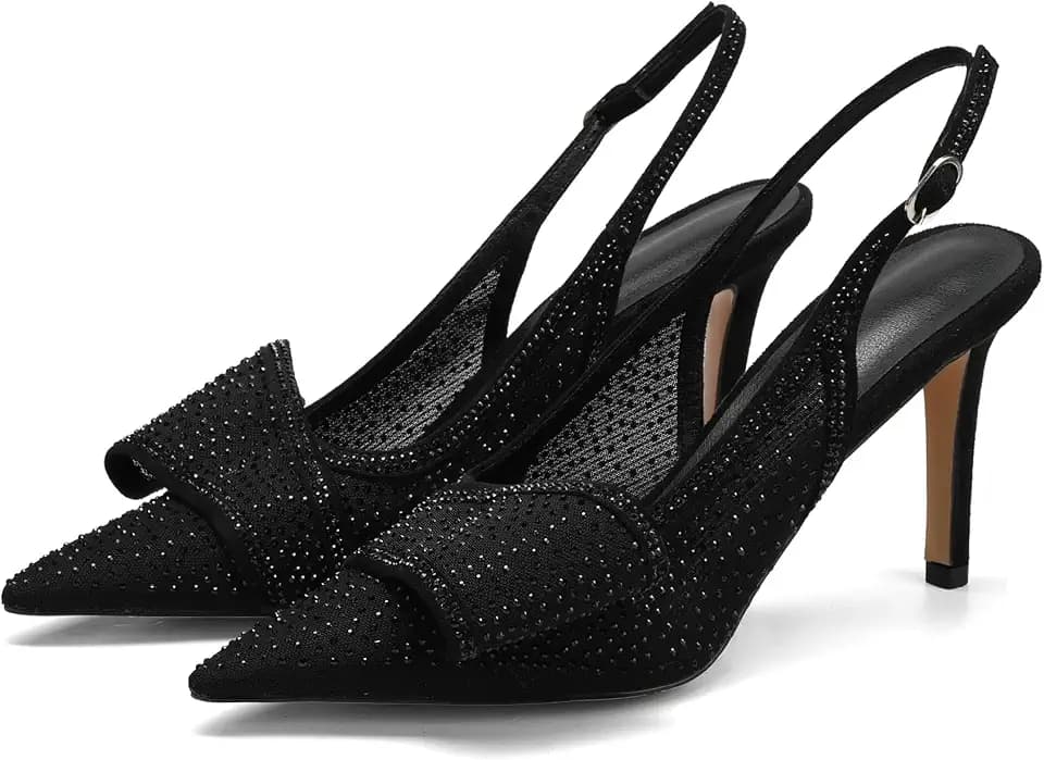 Women's Rhinestone Mesh Slingback Pumps Bow Pointed Toe Stiletto Heels