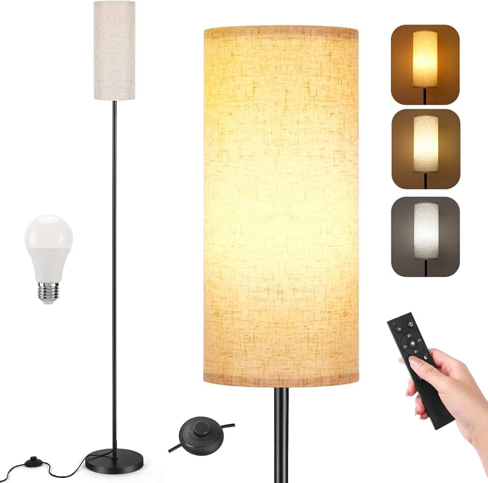Stehlampe Wohnzimmer Dimmbar mit Beige stoffschirm und Fernbedienung, 171cm | inklusive 12W E27 Glühbirne, 3 Farbtemperaturen, Fußschalte, Moderner Stil, für Schlafzimmer, Lesen, Büro