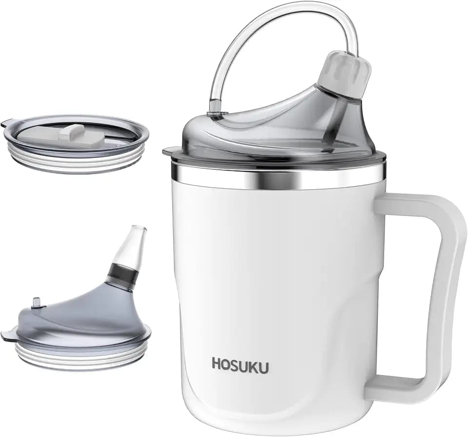 Adult Sippy Cup for Elderly, 13.5 oz, 2 Lids, White