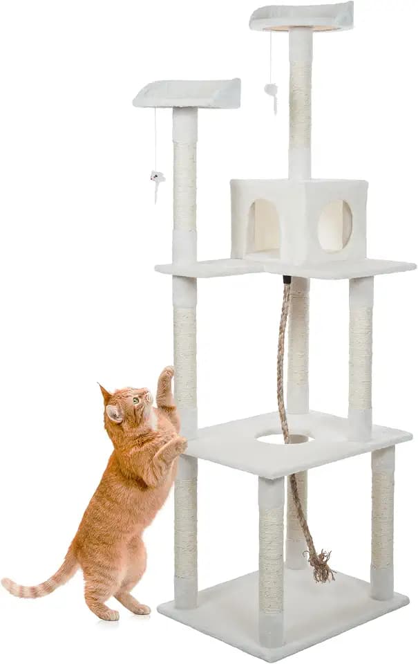 Cat Tree - 6-Foot Cat Tower for Indoor Cats with Napping Perches, Kitty Condo, 9 Cat Scratching Posts, 2 Hanging Toys, and Rope by PETMAKER (Ivory)