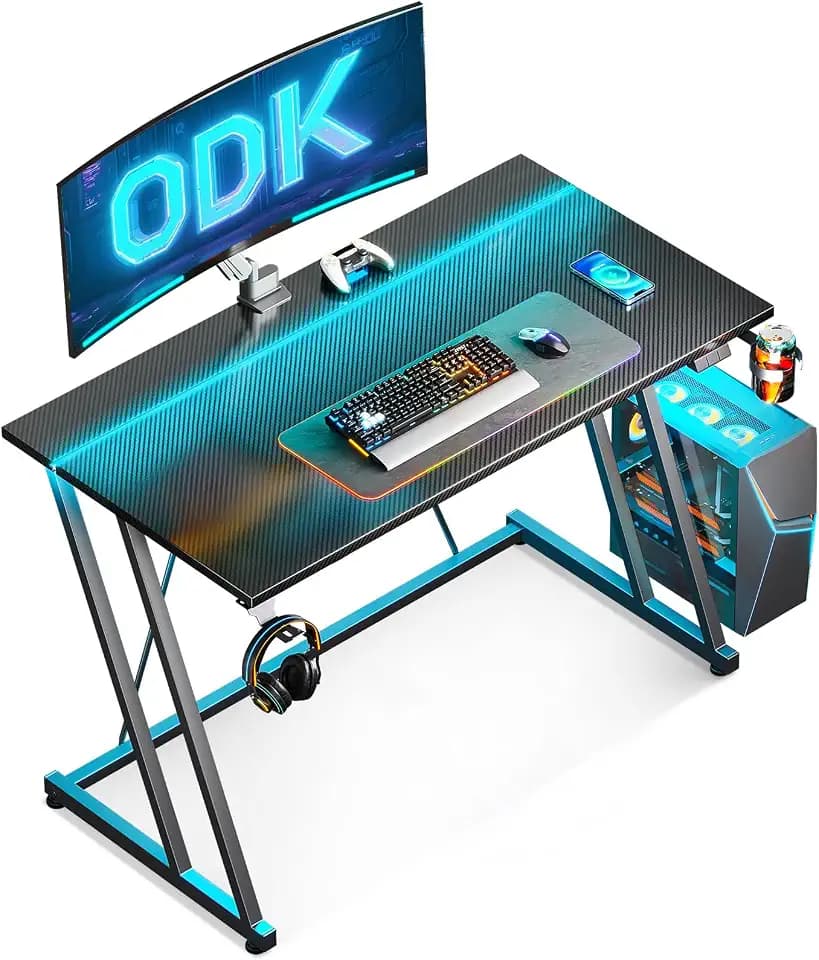 ODK Kleiner Gaming Tisch mit LED, 100×50 cm, Carbon Fiber Schwarz