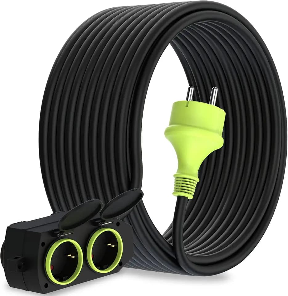 MutecPower 20m Verlängerungskabel mit 4 schuko steckdosen für den aussenbereich IP44 H05RR-F3G 1,5mm² verlängerung mit 4 schutzkontakt buchsen 4-Fach Outdoor verteiler 20 Meter schwarz/grün