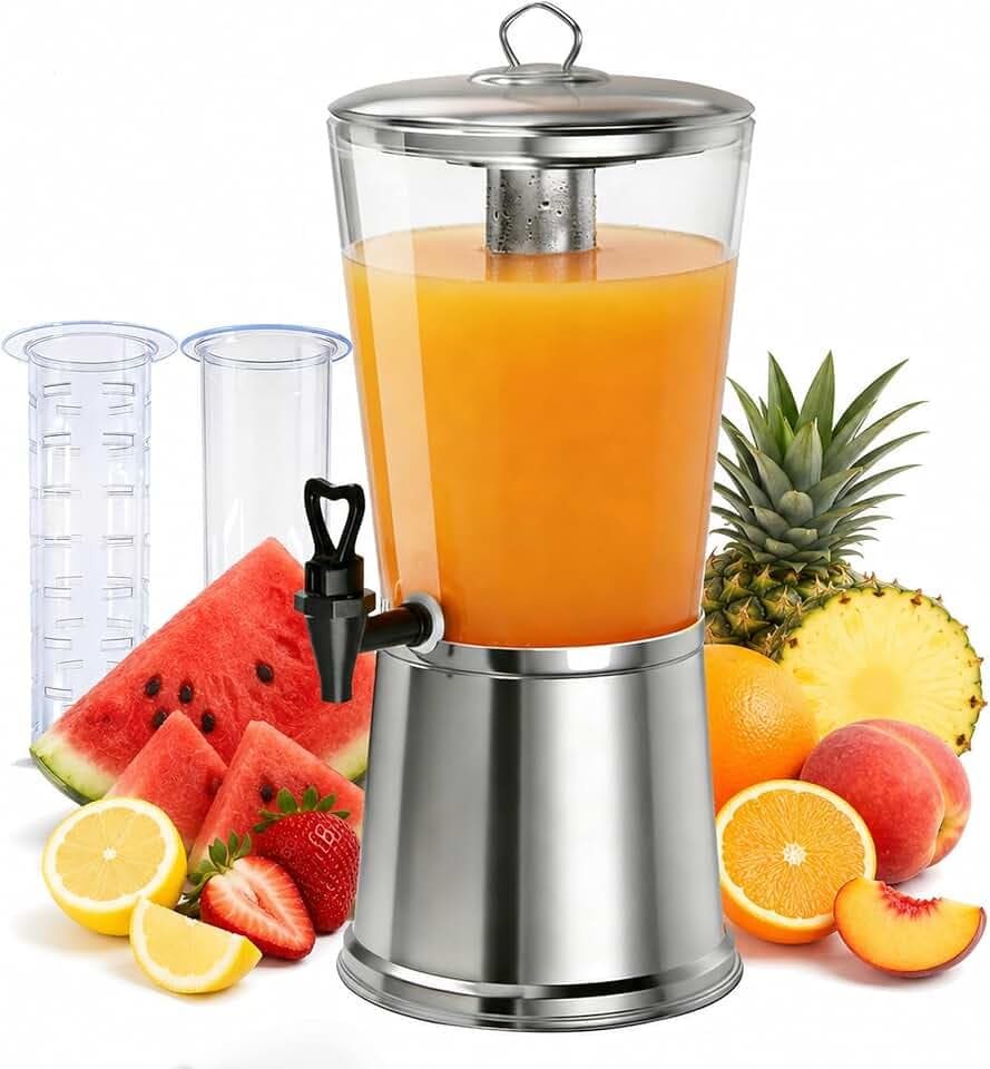 2.5 Gallon Beverage Dispenser with Stand, Drink Dispenser with Spigot, Dual Ice Tube and Fruit Infuser for Lemonade, Iced Tea, Juice, Parties, Buffet and Patio