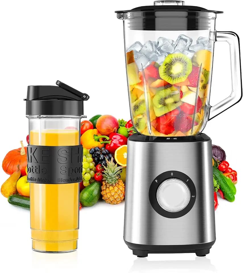 Standmixer, Smoothie Maker, 700W Blender, Mixer Smoothie Maker Combo 1,5L Glasbehälter mit 570ml Reisebecher, 2 Geschwindigkeitsstufen und Impulsfunktion für Smoothies Shakes Frozen Drinks Saucen