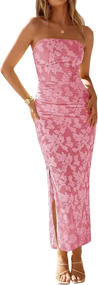ZESICA Womens Summer Strapless Floral Bodycon Ruched Slit Maxi Formal Dress
