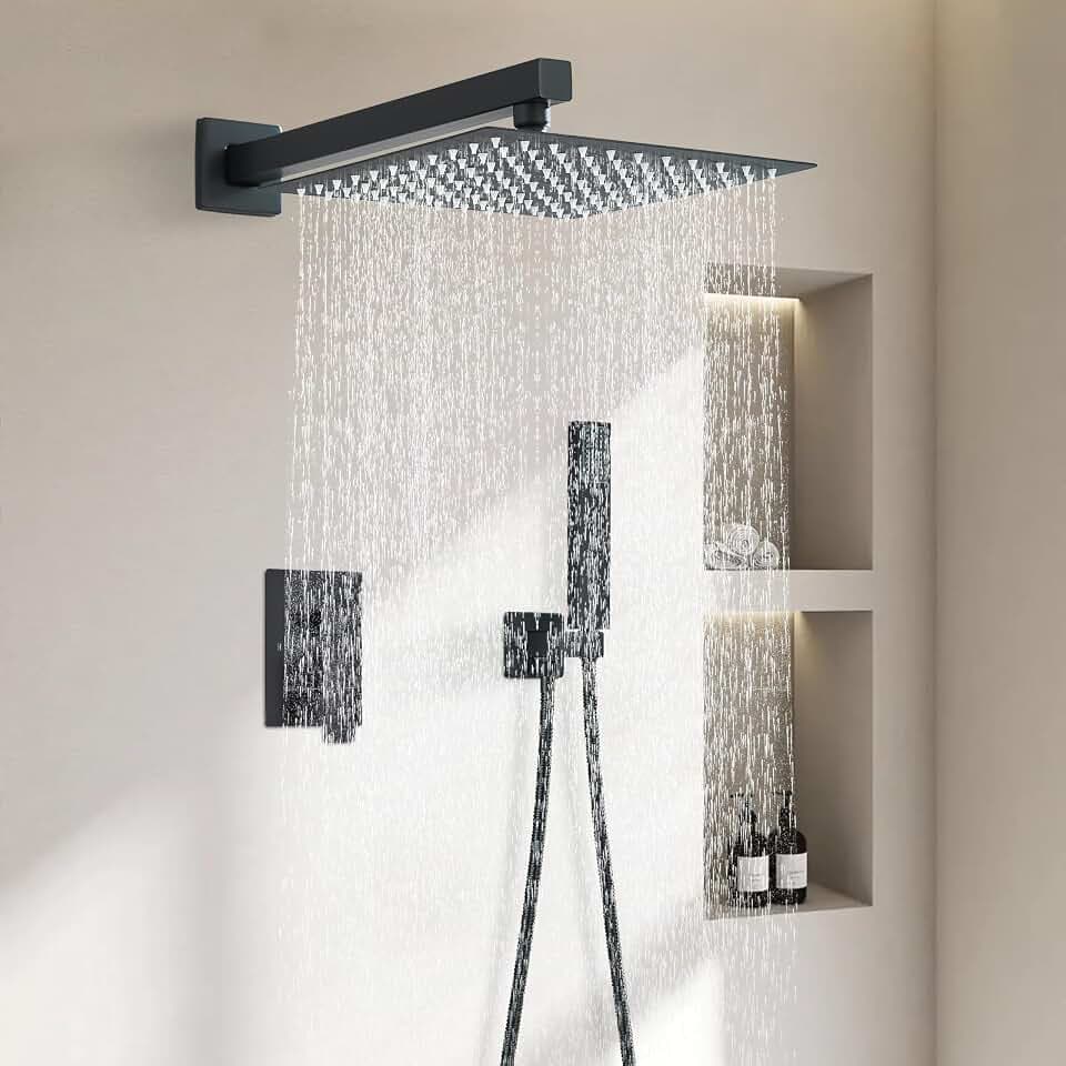 Duschsystem Einbaudusche, Schwarz, Duschsäule für Badezimmer, Duschkopf 30 x 30 cm, Handdusche, Messingkörper