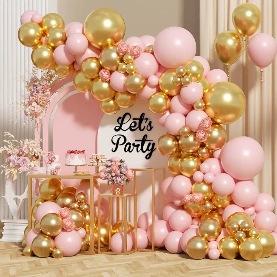 Pink and Gold Balloon Arch Kit, 154Pcs Baby Pink Metallic Gold Latex Balloon Garland kit, 18 12 10 5 Inch Different Size Balloons for Birthday Galentine's Day Valentine's Day Party Decorations