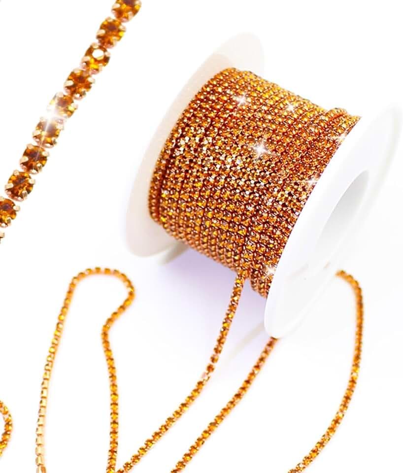 PEARLY JUN 10 Yards Orange Rhinestone Chain Topaz Rhinestone Trim Crystal Artificial Stone Trim Cup Chain SS6 2mm Color Plated Cup Stitch Costume Decoration