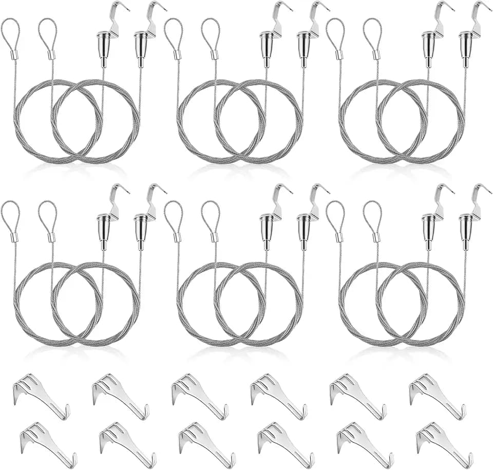 12 Stück Bildaufhänger Set, 2m × 1.5mm Galerieschienen für Bilder Bilderschienen Aufhängesystem Max 40KG Aufhänger Draht für Bilder Bilderhaken für Hängen Gemälde Kunstwerke
