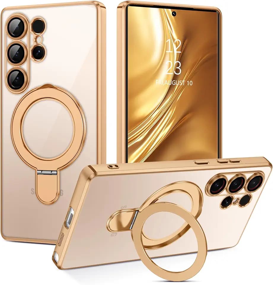 BENTOBEN Magnetische Schutzhülle für Samsung S25 Ultra mit integrierter Ringhalterung, Bumper, stoßfest, Staubschutz, Schutzhülle für Samsung S25 Ultra 6,9 Zoll, Gold