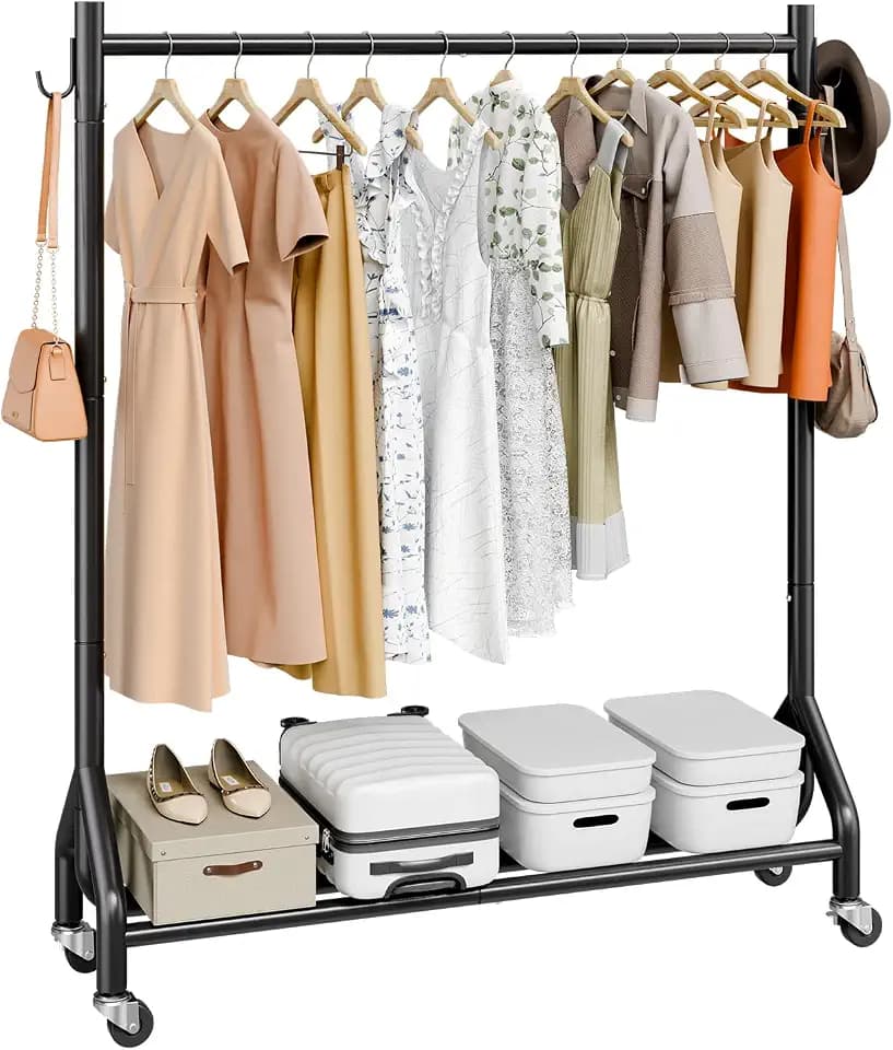 VEVOR Clothes Rack, Rolling Clothing Garment Rack with Hanging Rod and Side Hooks, 198 lbs Load Capacity, Heavy Duty Carbon Steel Clothing Racks with Wheels, Ideal for Bedroom, Laundry, Living Room