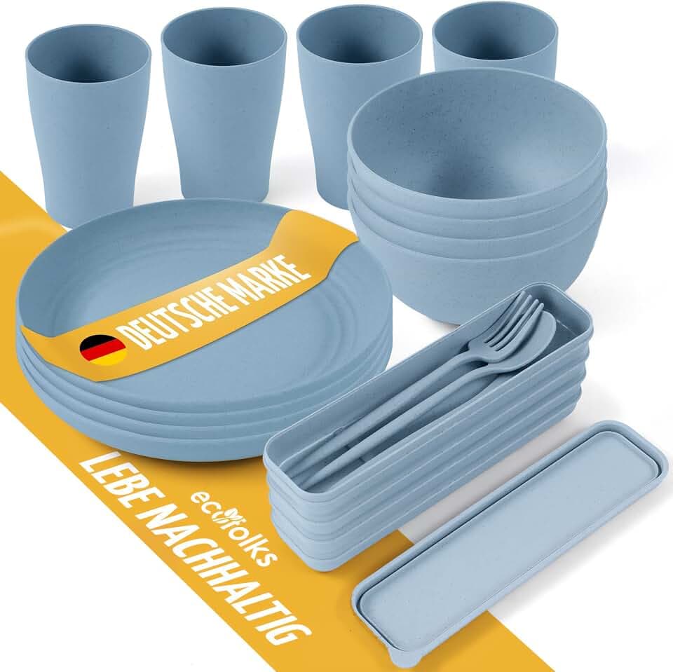 Umweltfreundliches Camping-Geschirrset – 100% Recyceltes Material | Mehrweg, Bunt, Für Wohnmobil, Picknick, Outdoor & Kinder