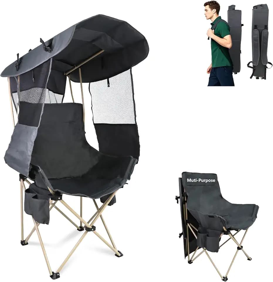 Folding Camping Chairs Canopy Outdoor: Sports Portable Beach Chair with Canopy-Lawn Beach Chairs with Umbrella for Adults-Camping Chair with Shade for Fishing Camp Heavy Duty (Regular, Grey)
