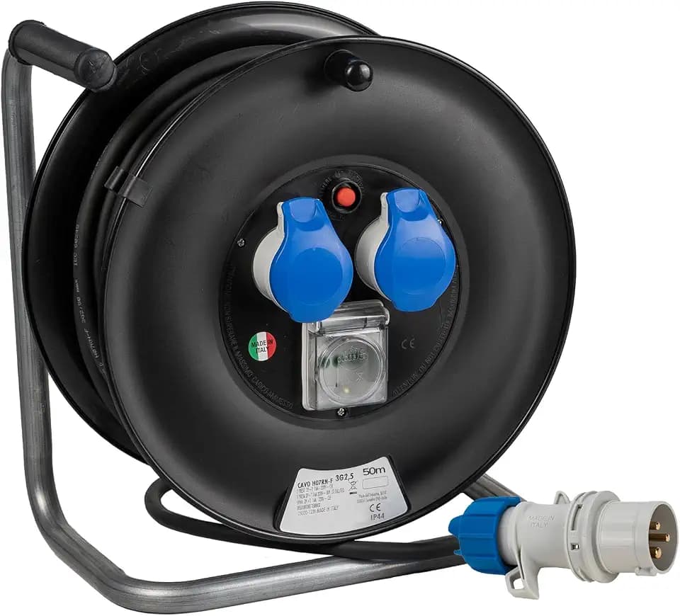 FANTON 14628 Industrielle Kabeltrommel 2 CEE-Steckdosen 220 V + 1 Steckdose Bypass/Schuko IP44-50 m