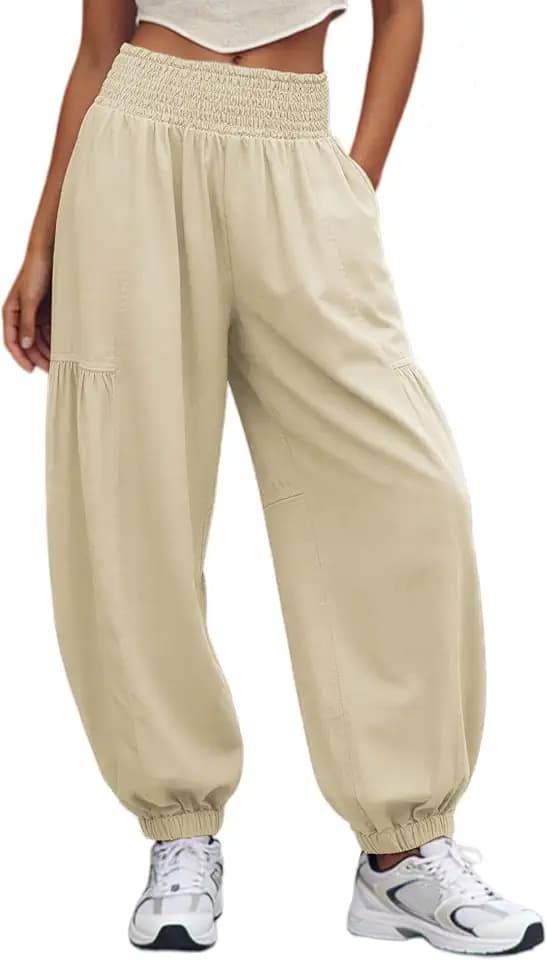 UANEO Womens Baggy Pants Pull On Cotton Linen Smocked Elastic Waist Tapered Relaxed Harem Trousers with Pockets