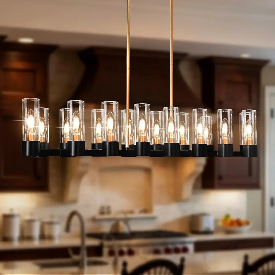 Linear Chandelier, 49" Large Black and Gold Modern Chandelier with Tube Glass 16 Lights Long Candle Chandelier Industrial Rectangular Linear Chandeliers for Dining Room Light Fixture Kitchen Island