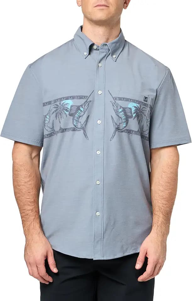 HUK Mens Kona Solid Short Sleeve Fishing Button Down Shirt for Men, Fresh Salmon, 3X-Large