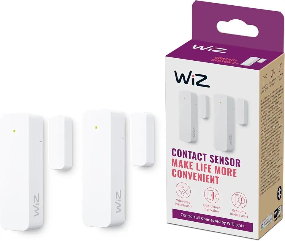 WiZ Kontaktsensor - Heim-Überwachung &-Automatisierung, Echtzeit-Warnungen, Lichtalarm, Heimsicherheit, Benachrichtigungen, App-Steuerung, verbindet Sich mit WiZ Kamera und Lichtern, 2er Pack
