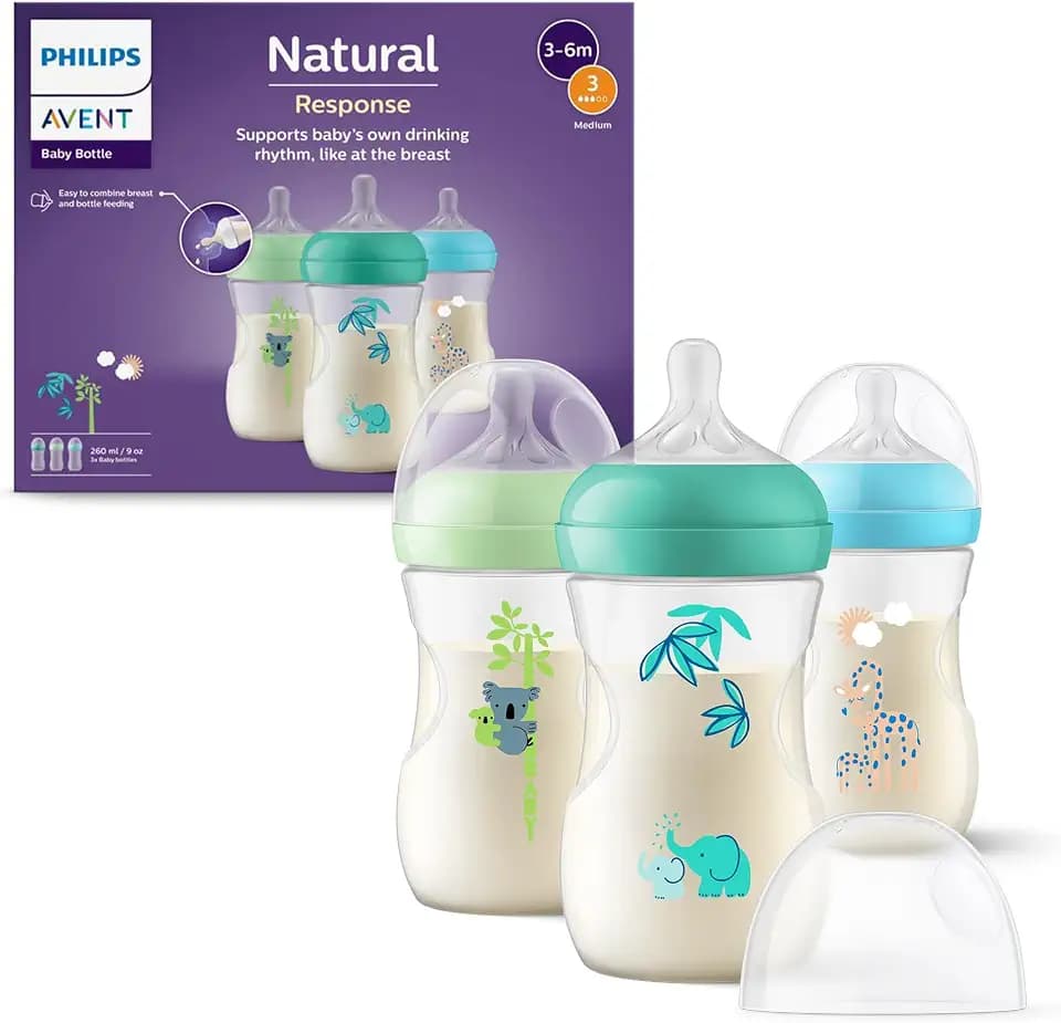 Philips Avent Natural Response Babyfläschchen mit 260 ml und Saugern mit mittlerem Nahrungsfluss (Durchflussrate 3), 3er-Pack, mit Tropenmuster, SCY903/73