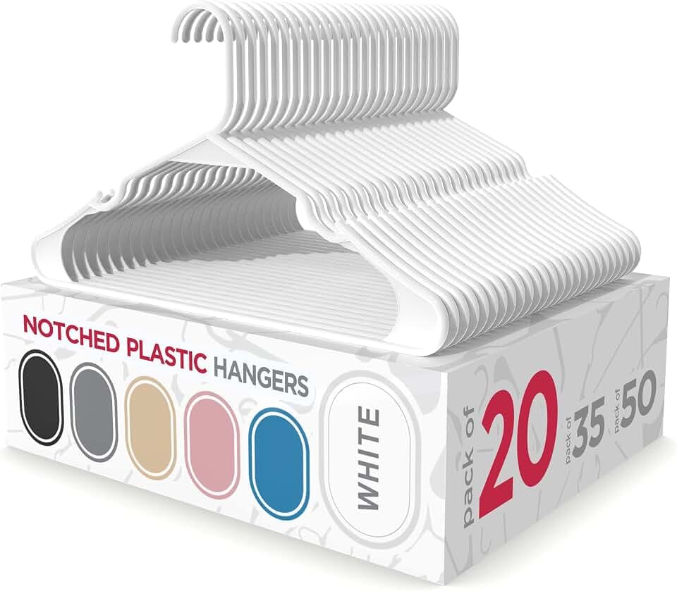 Sharpty - Plastic Hangers - Adult Clothes Hangers - T-Shirt, Dress, Coat Hangers & Accessories - Notched Hanger, Durable & Versatile Color Clothing Closet Hanger(20-Pack,White)
