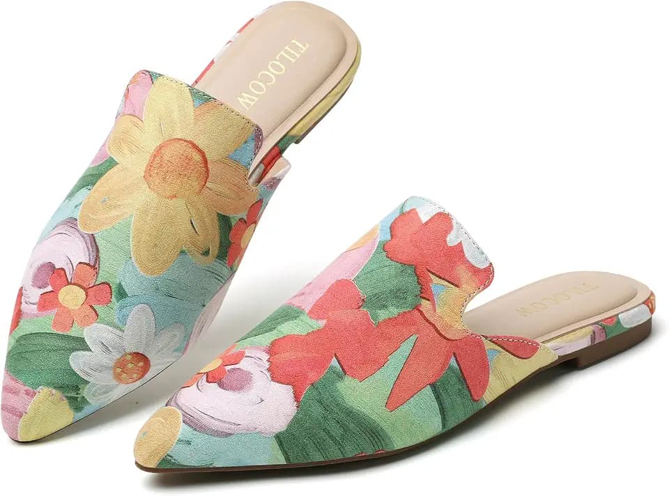 Tilocow Pointed Toe Mules for Women Slip On Backless Flats