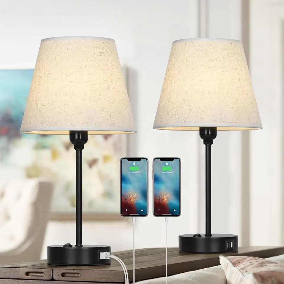YBING Schlafzimmer Tischlampen, Kleine Nachttischlampen Set von 2, Schwarze Metall Nachttischlampen mit Leinenschatten für Schminktisch Wohnzimmer