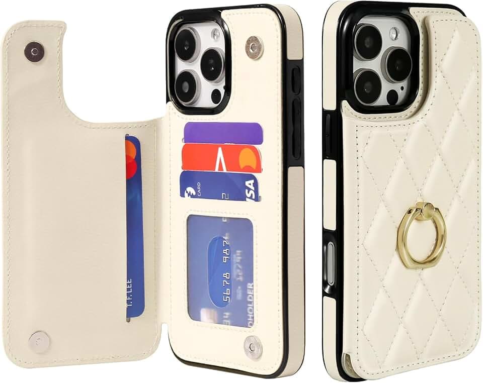 Wallet Case for iPhone 16 Pro Max with Card Holder, Ring Kickstand Card Slots Leather Case with Double Magnetic Clasp Shockproof Phone Cover 6.9 Inch 2024, Beige