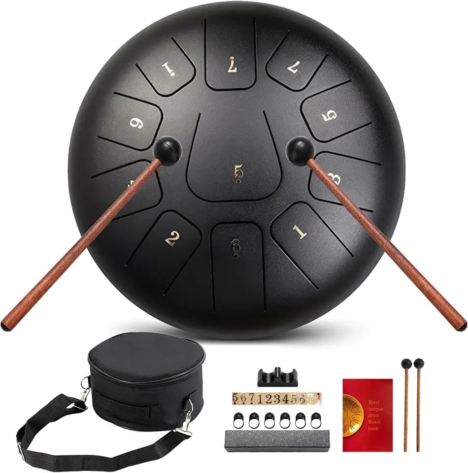 Zungentrommel 10 Zoll 11 Noten,Steel Tongue Drums C-Key Stahlzungentrommel Percussion Instrument Handpan Drum mit Tragetasche, Musikbuch, Schlägel