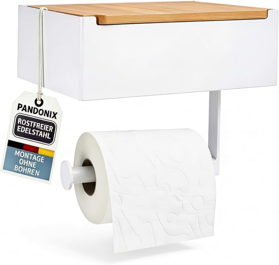 Toilettenpapierhalter mit Feuchttücherbox - Edelstahl & Bambus - Toilettenpapierhalter ohne Bohren - Weiß - klopapierhalter mit feuchttücherbox