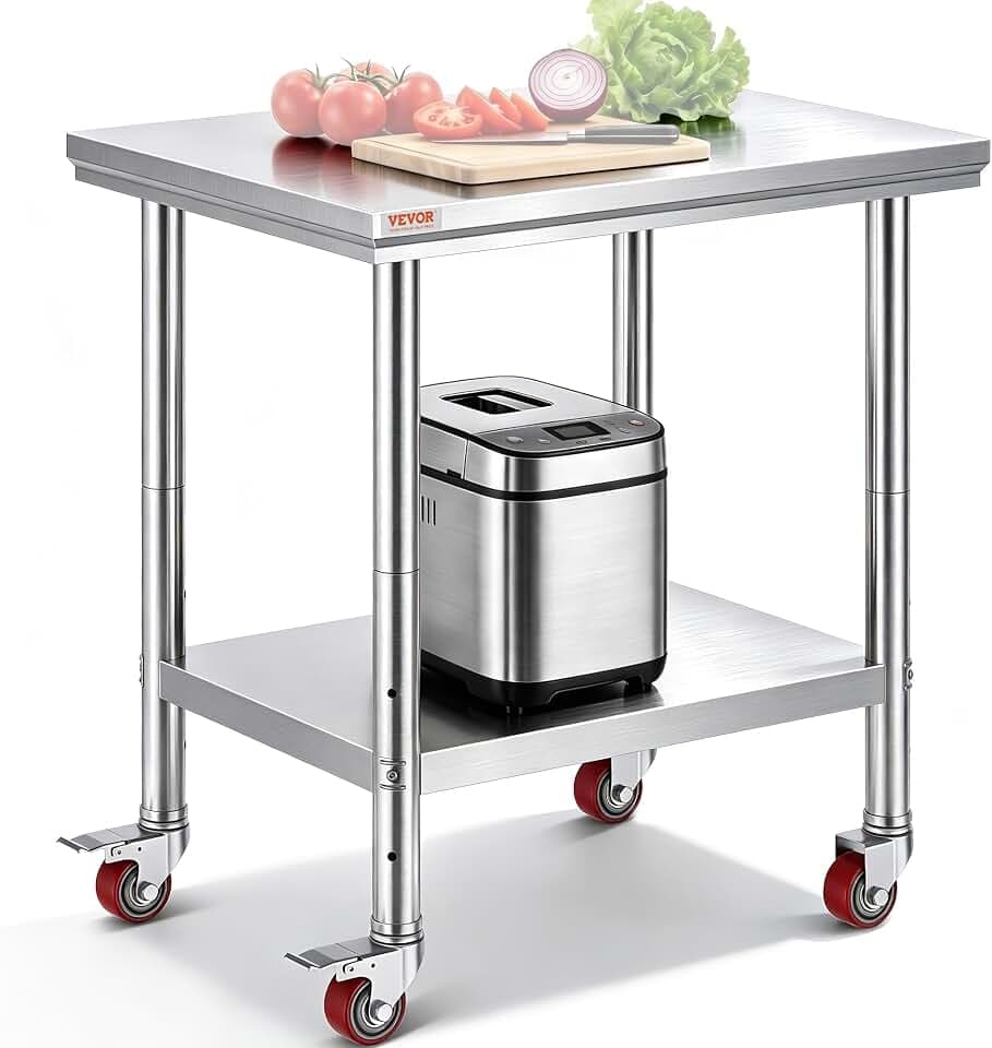 VEVOR Arbeitstisch aus Edelstahl, 76,2 x 61 cm, kommerzieller Arbeitstisch mit 4 Rädern, kommerzielle Lebensmittelzubereitung, Werkbank mit Flexibler Einstellablage für Küchen-Vorbereitungstisch