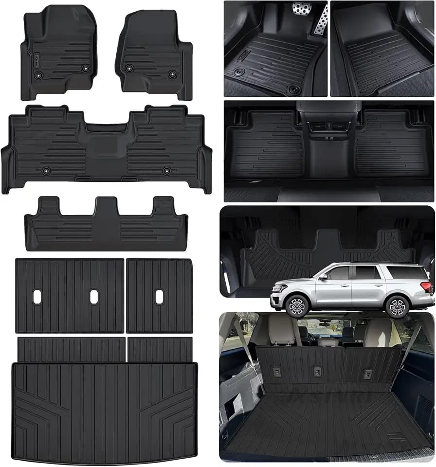 Floor Mats for 2018-2023 2024 Ford Expedition MAX 8 Seats-2 Row Bench Seat, TPE All Weather Protection 3 Rows Car Floor Liners with Trunk Mat Covering The Backrest