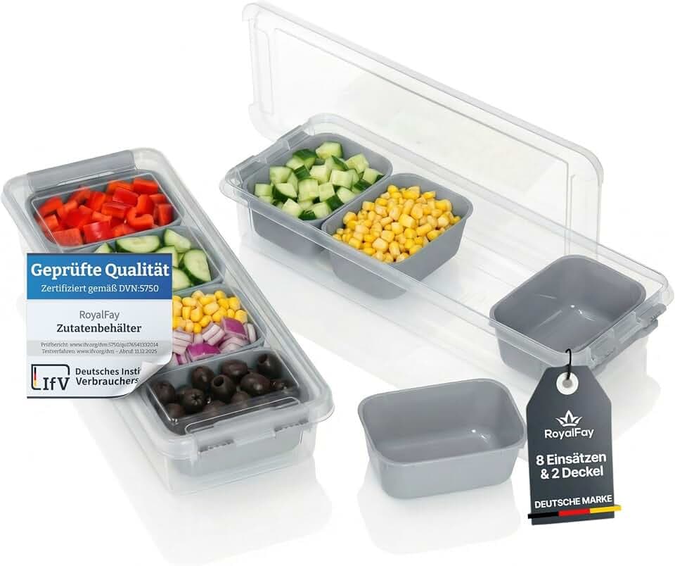 Zutatenbehälter Napoli 2er Set – stapelbare Aufbewahrungsbox mit 8 Einsätzen & 2 Deckeln – lebensmittelechte Kühlschrank-Organizer für Pizzabeläge & Meal Prep – granit