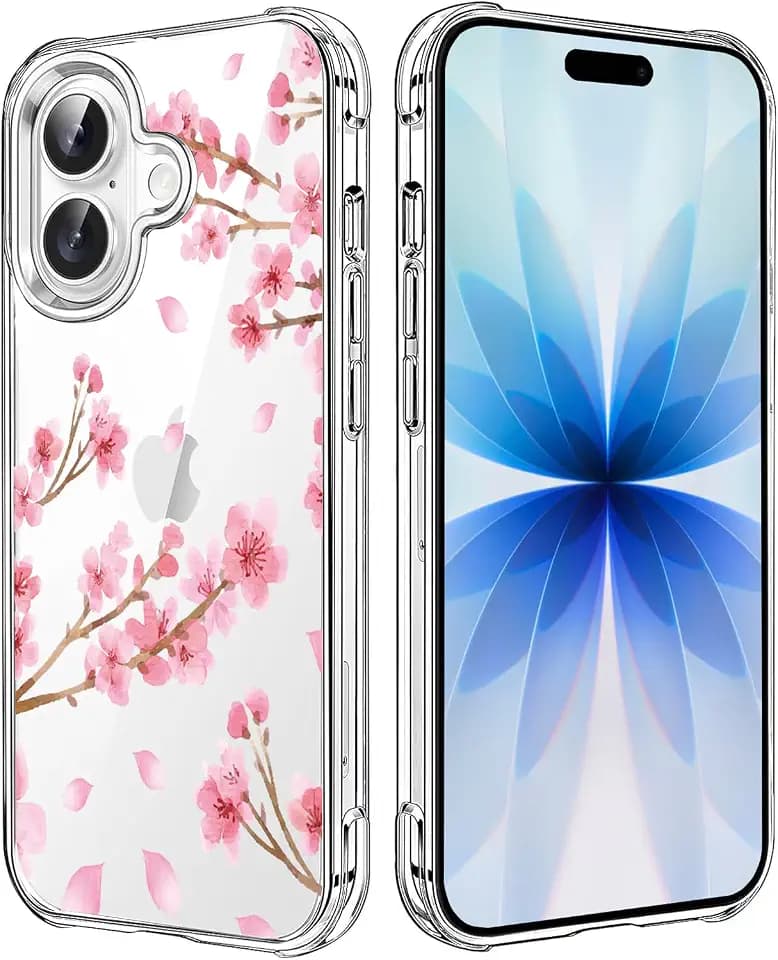 Cherry Blossom Clear Case Compatible with iPhone 17, Sakura Girls and Women Floral Back Case Cover, Pink Flower Transparent Flexible TPU Bumper Shockproof Protective Phone Case
