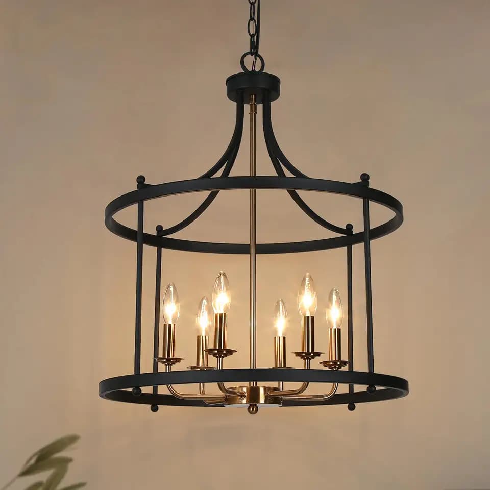 KSANA Black and Gold Chandelier, 6-Light Modern Drum Pendant Lights Kitchen Island, 21.5'' Large Lantern Chandeliers Hanging Light Fixtures for Dining Room Living Room Bedroom Entryway