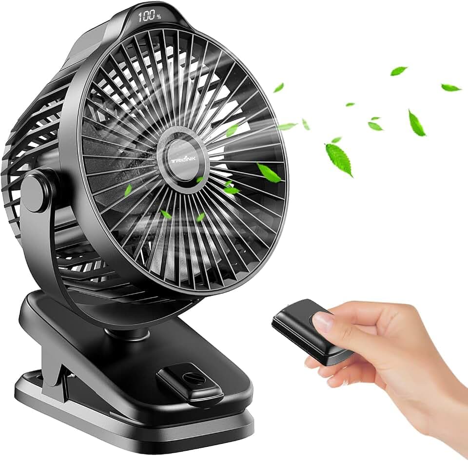 8000mAh Mini USB Clip Ventilator Akku, 13cm Klein Tischventilator mit Fernbedienung, 5-Gang, LED-Anzeige, 360° Rotation, Aufladbar Batterie Portable Table Fan für Zuhause Büro Camping Kinderwagen