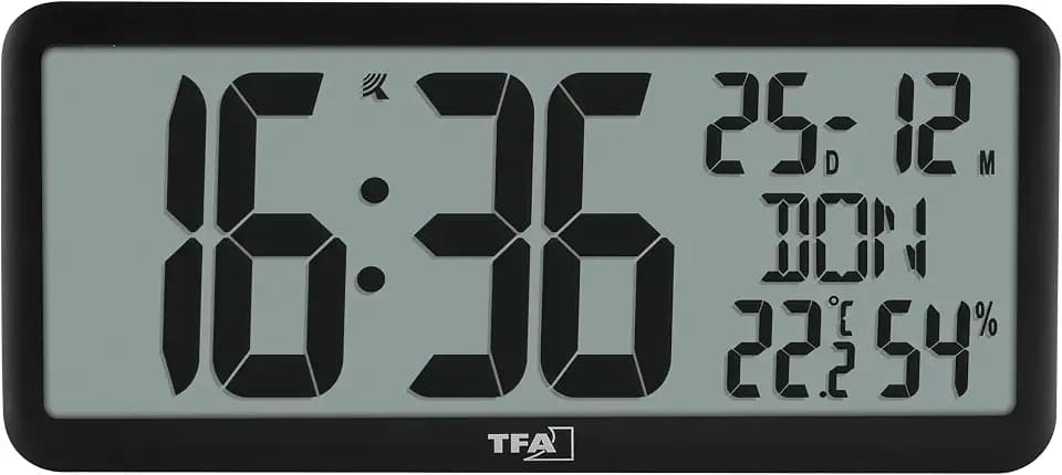 TFA Dostmann Digitale Wanduhr mit XXL Ziffern, 60.4525, Uhr mit Temperatur und Luftfeuchtigkeit innen, mit Kalender, perfekt für Büro, Senioren, Küche, Funkuhr, mit Weckfunktion, schwarz