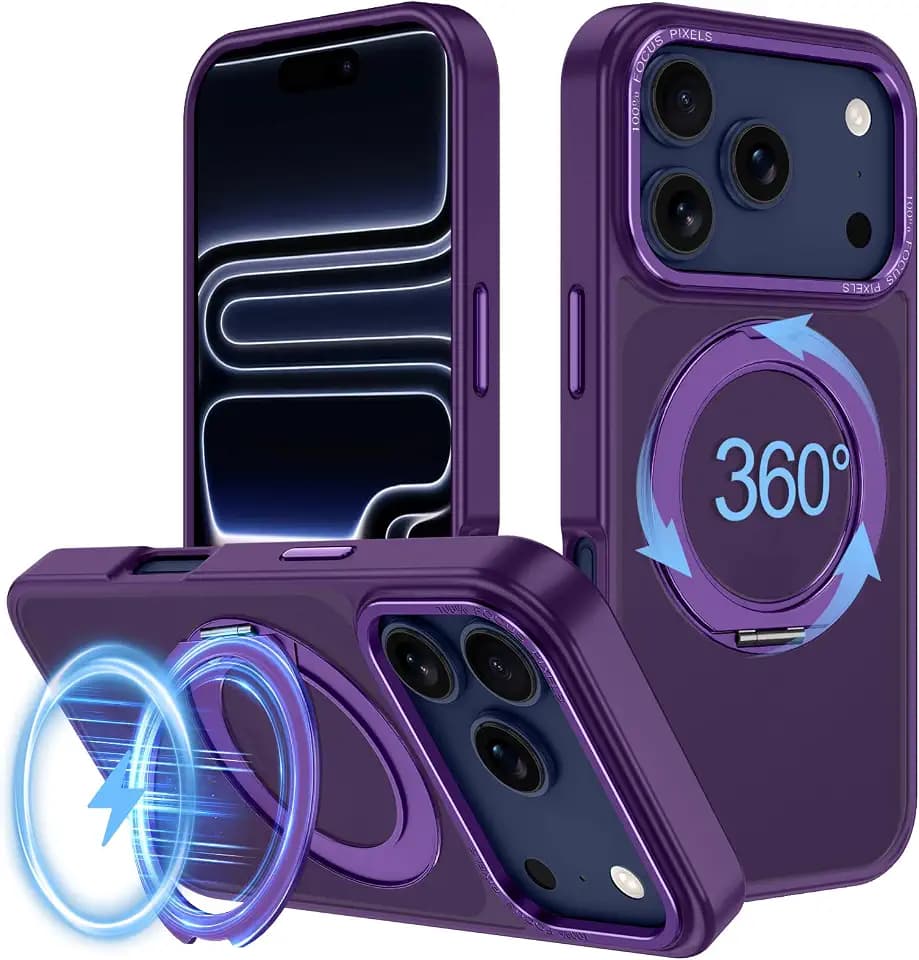 Strong Magnetic for iPhone 17 Pro Case with Stand,Fit for MagSafe,360°Rotatable Ring Designed,Translucent Matte Texture Protective Military Grade Shockproof,All Purple