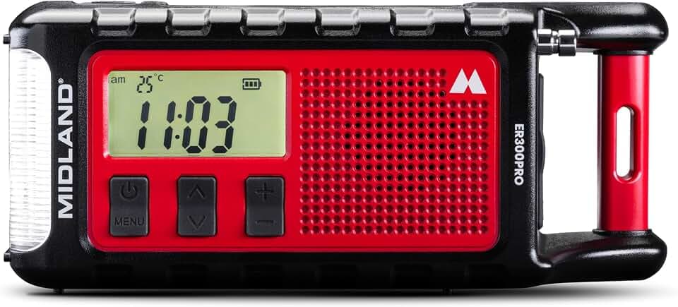 Midland ER300 Pro C1663 Notfallradio AM/FM und externer Akku USB-C für 2 Smartphones, wiederaufladbarer Li-Ion-Akku 10.000 mAh, integriertes Bluetooth