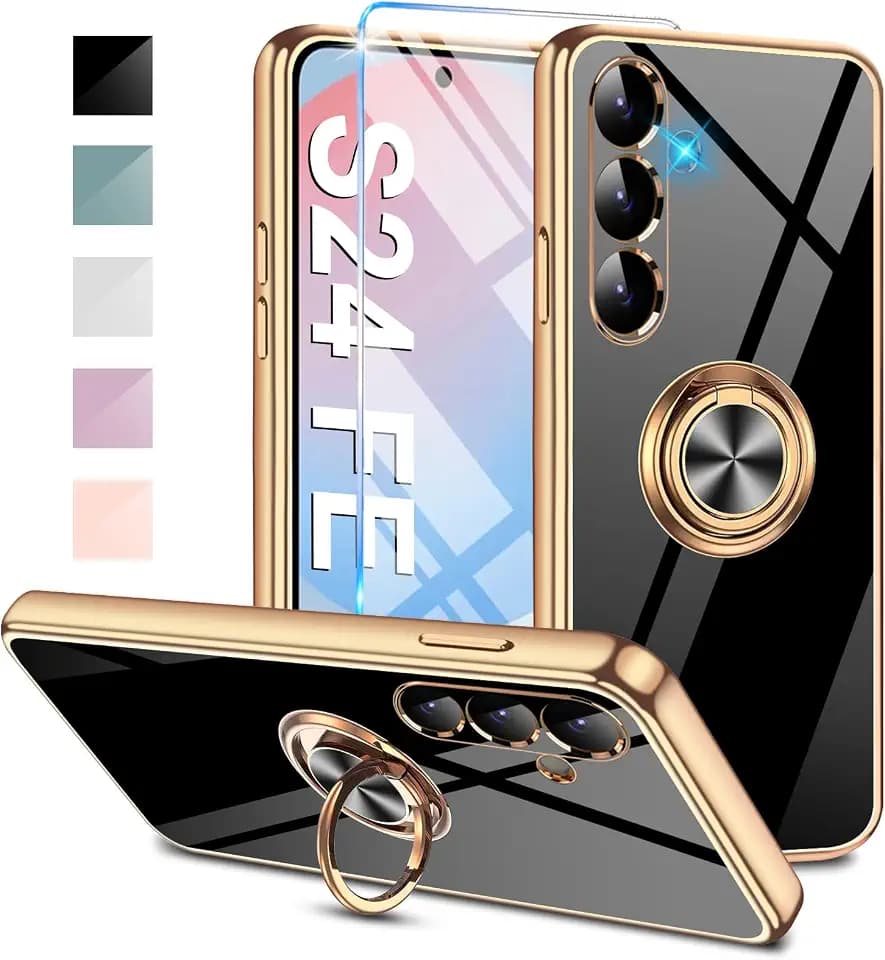 für Samsung Galaxy S24 FE Hülle mit Schutzfolie Galvanik Glitzer Silikon Handyhülle Samsung S24 FE 5G Ring Ständer Kameraschutz Kratzfest Stoßfest Dünn Schutzhülle Galaxy S24 FE 5G Hülle