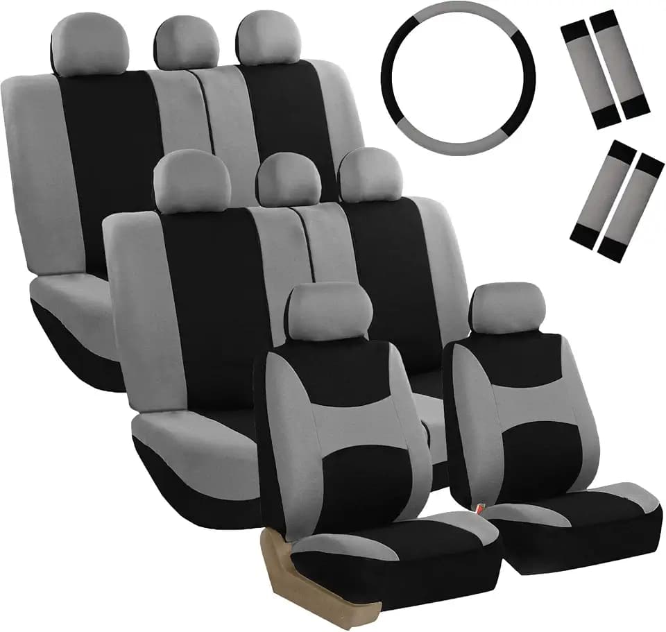 FH Group 3 Row Set 7 Seater Light & Breezy Flat Cloth Car Seat Covers, Combo Steering Wheel Cover & Seat Belt Pads, Airbag and Split Rear, Universal Fit for Cars Trucks, SUV, Gray