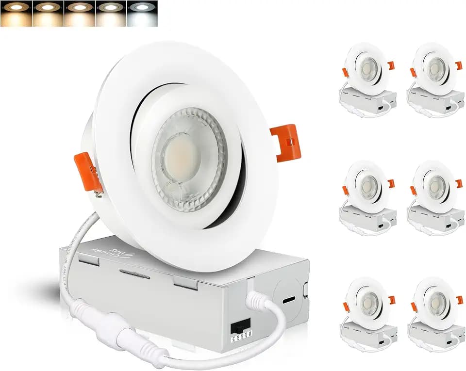 CLOUDY BAY Eyeball 4 inch 5 Color Gimbal LED Recessed Light with Junction Box, 9.5W CRI90+ 2700K/3000K/3500K/4000K/5000K Selectable,Dimmable, Canless Recessed Spotlights, Damp Rated, White,Pack of 6