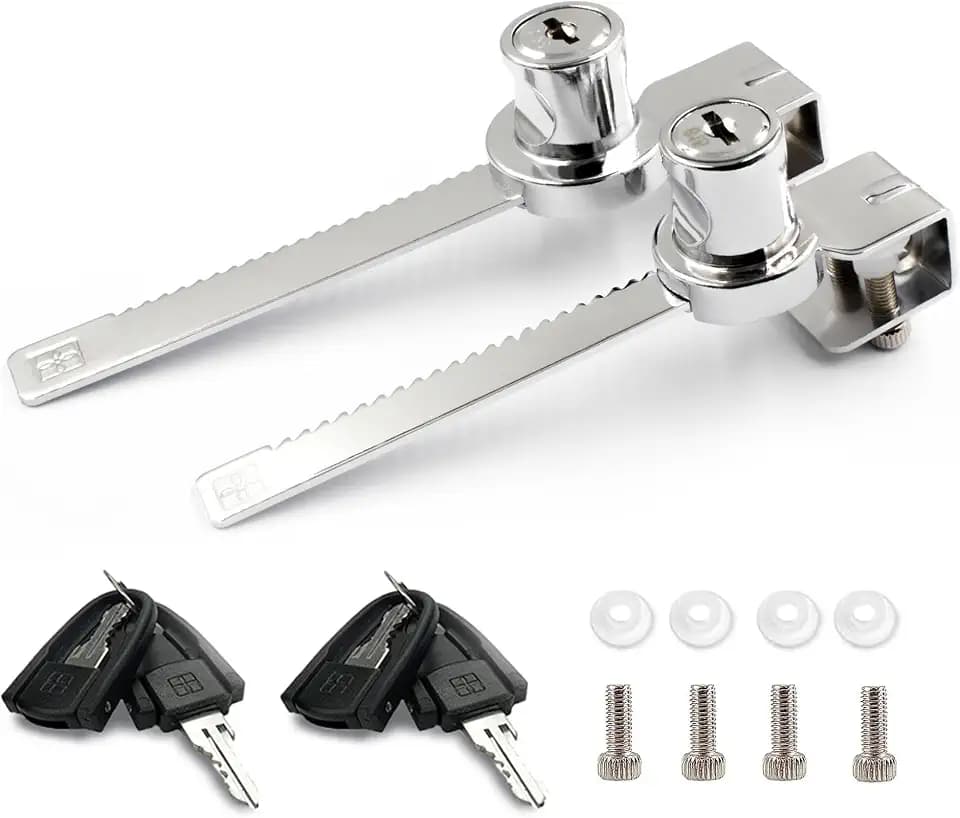 XIEHE 318 Sliding Window Locks, Closet Locks for Sliding Glass Doors with 2 Keys, Display Cabinet Showcase Lock with Chrome Finish, No Drill Burglar Bars for Sliding Doors (2 Pack, Keyed Alike)