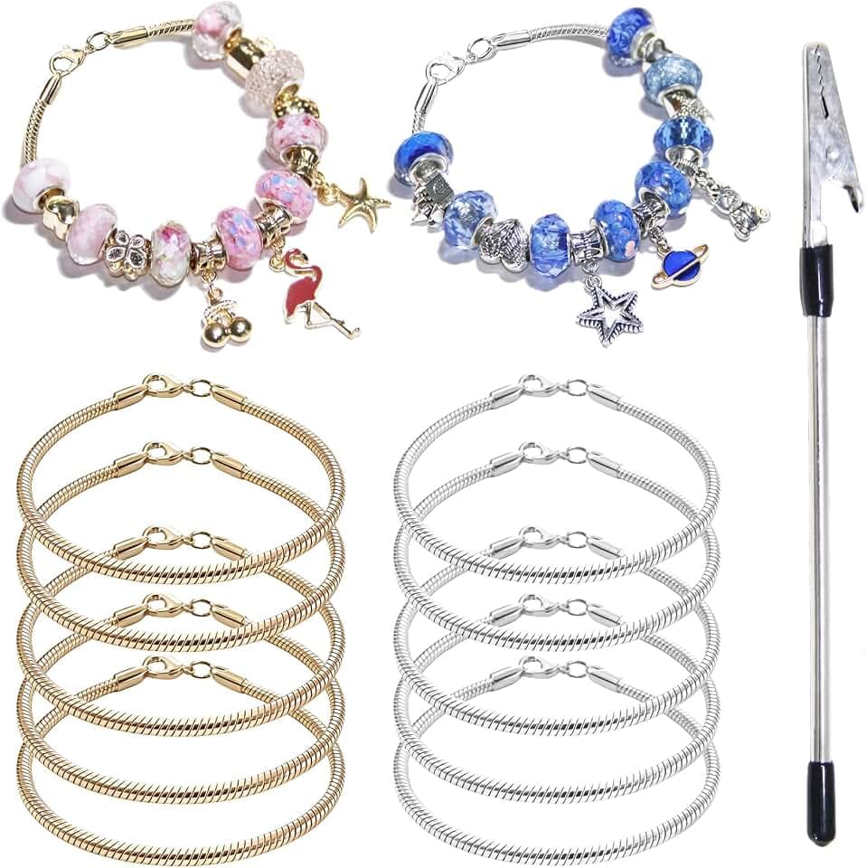 Exway 10 Pcs Snake Charm Bracelet Chain 6.5 Inch Gold and Silver Charm Bracelet Kit Snake Chain Bracelets Chain for Christmas DIY Women Jewelry Making Gifts
