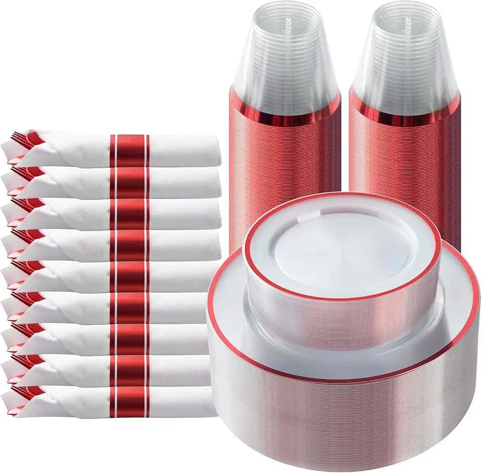 Goodluck 175 Pcs Clear Red Plastic Dinnerware Sets for Party for 25 Guests