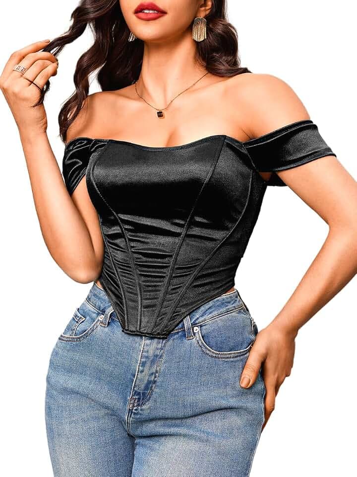 Kaei&Shi Night Out Outfits, Satin, Strapless, Off Shoulder Corset Top