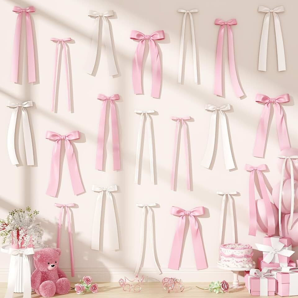 Pink White Bow Wall Decor, 40Pcs White Pink Bow Birthday Decorations, DIY Ribbon Satin Bows Photo Backdrop for Women Girl Coquette Wall Bachelorette Baby Bridal Shower Room Bedroom Wedding Party Decor