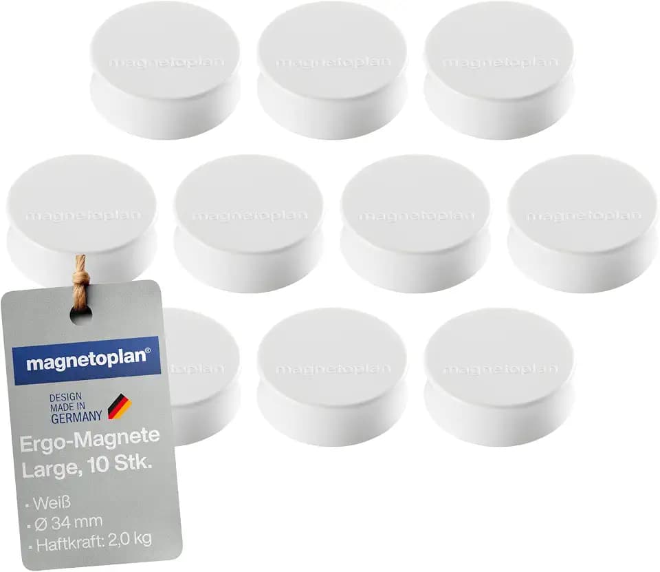 magnetoplan Ergo-Magnete, Large | 10 Stück, Weiß | Hohe Haftkraft von 2,0 kg | ØxH 34x12,5mm | Für Kühlschrank, Whiteboard, Magnettafel und alle magnetischen Oberflächen
