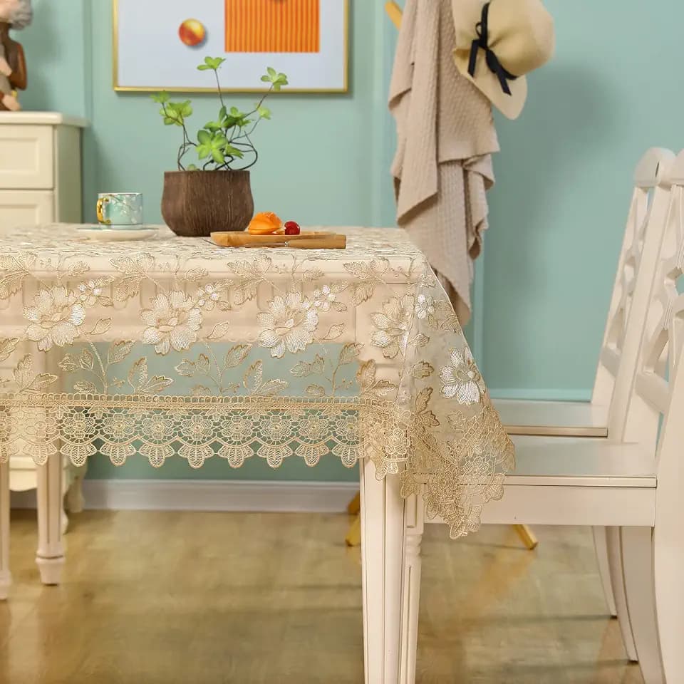 Lace Tablecloth Embroidery with Tassel - Shabby Chic Vinyl Rectangle Table Cloth for 6 Foot Tables Floral Tablecloth for Outdoor Holiday Party Kitchen 60x84 in, Gold, (R10976084)