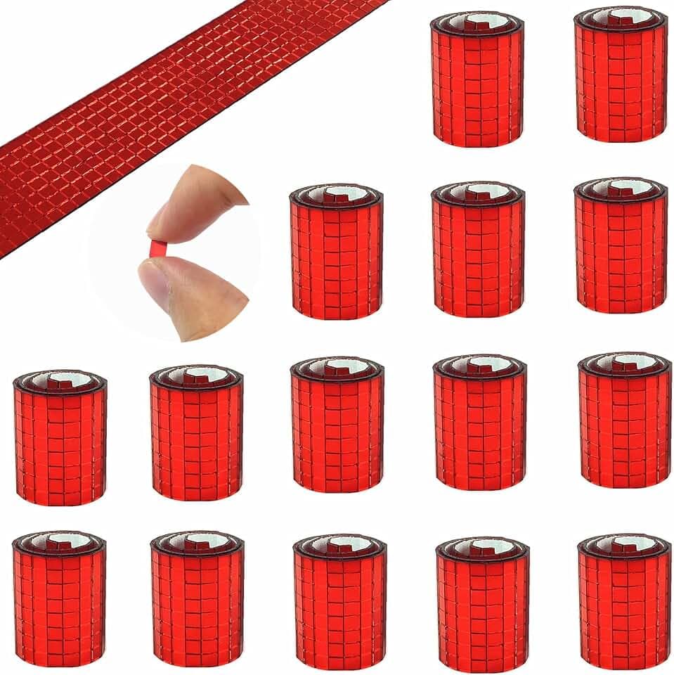 REDODECO 7200Pcs Mirror Mosaic Tiles Disco Ball Tiles Self-Adhesive Real Square Glass Mirror DIY Tiles for Craft DIY,Silver Rose Gold Blue Black,15 Sheets (Red)