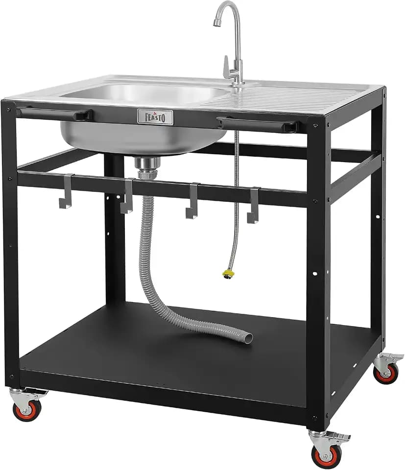 Feasto 35" Movable Outdoor Grill Cart with Stainless Steel Sink & Faucet